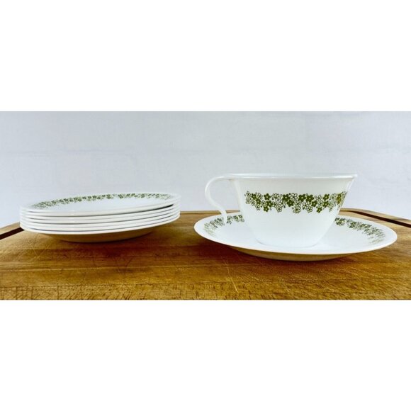 Vintage Corelle Spring Blossom/Crazy Daisy Cups & Saucers Set Of 8 Green Floral - Picture 6 of 12